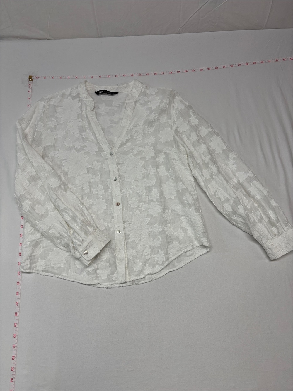 Zara White Sheer Floral Jacquard Button-Up Blouse 263 work travel trendy party - Picture 6 of 6